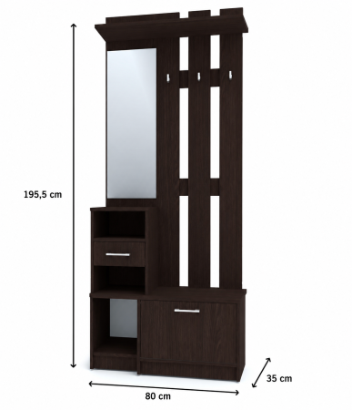 Cuier pentru Hol cu oglindă, pantofar și sertar, Wenge, 80 cm lungime  x 35 cm adancime x 195,5 cm, mobilier intrare modern [2]