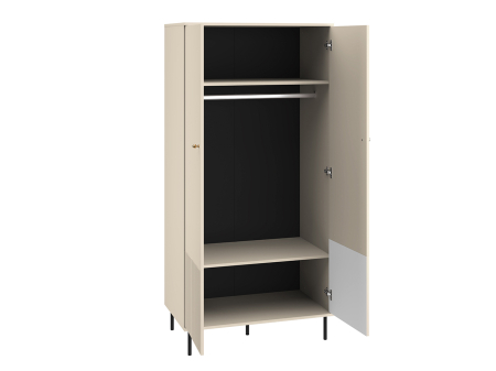 Dulap cu 2 usi, 190cmx 92 cm latime x 53 cm adancime, pal /mdf casmir cu caneluri gen riflaj la partea de jos, cu 2 rafturi si bara umerase, picioare metalice negre, butoni auriu [5]
