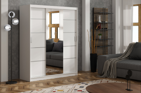 Toate Produsele - Dulap sifonier haine pentru dormitor , cu 3 usi glisante si oglinda, 10 rafturi si 2 bare pentru umerase, alb, ornament gri, 180x215x60 cm