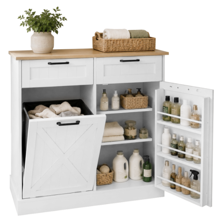 Dulap cu deschidere basculantă cu coş de gunoi, alb/stejar, DENIO [4]