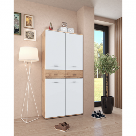 Dulap pantofar incaltaminte spatios , cu 10 rafturi si 2 sertare , alb/stejar artisan, 90 cm lungime x 35 cm adancime x 191 cm inaltime, incap peste 25 -28 perechi incaltaminte aproximativ [3]