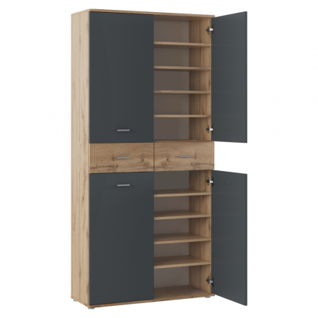 Dulap pantofar incaltaminte spatios , cu 10 rafturi si 2 sertare , grafit/wotan, 90 cm lungime x 35 cm adancime x 191 cm inaltime, incap peste 25 -28 perechi incaltaminte aproximativ [1]