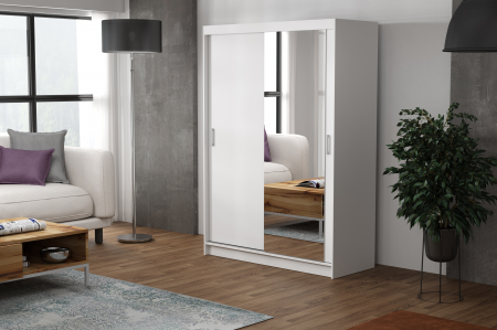 Toate Produsele - Dulap sifonier haine pentru dormitor , cu 2 usi glisante si oglinda, 6 rafturi si 1 bara pentru umerase, alb, ornament gri, 150 cm lungime x215x60 cm adancime