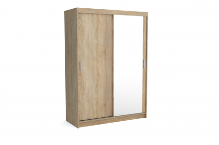 Dulap sifonier haine pentru dormitor , cu 2 usi glisante si oglinda, 6 rafturi si 1 bara pentru umerase, stejar sonoma, ornament gri, 150 cm lungime x215x60 cm adancime [1]