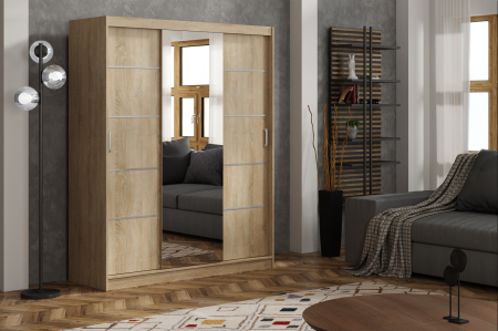 Toate Produsele - Dulap sifonier haine pentru dormitor , cu 3 usi glisante si oglinda, 10 rafturi si 2 bare pentru umerase, stejar sonoma, ornament gri, 180x215x60 cm