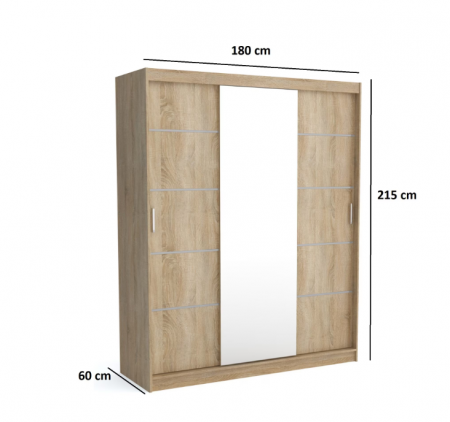 Dulap sifonier haine pentru dormitor , cu 3 usi glisante si oglinda, 10 rafturi si 2 bare pentru umerase, stejar sonoma, ornament gri, 180x215x60 cm [2]