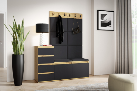 Set mobilier Hol modern cu panouri tapitate - Set Mobilier hol cuier , 6 agatatori, modern cu panouri tapitate , pantofar si comoda , 130 cm lungime x 40 cm adancime x 185 cm inaltime, negru-stejar artisan/negru
