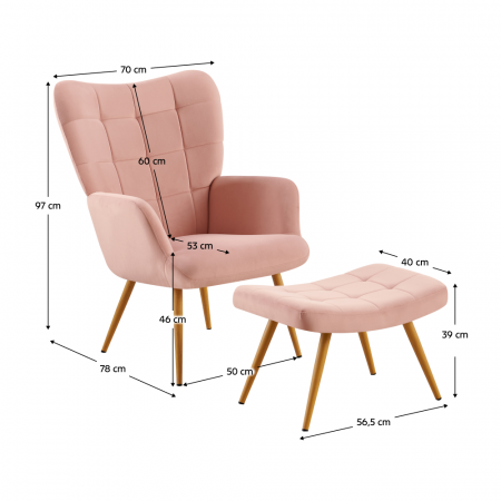 Fotoliu cu suport pentru picioare, ţesătură Velvet roz/stejar, HABEN [4]