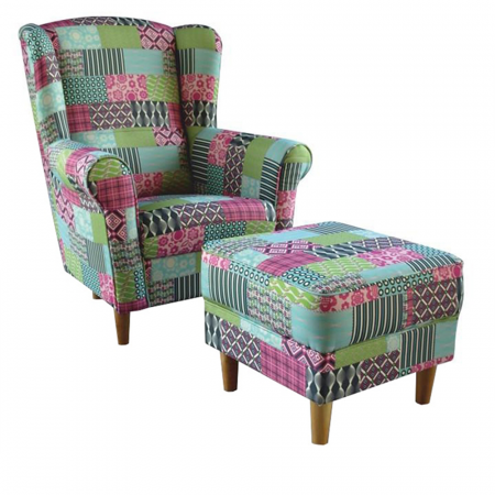 Fotolii balansoar/relaxante - Fotoliu cu taburet, material textil în stilul patchwork M1, ASTRID
