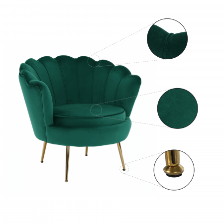Fotoliu în stil Art-deco, catifea Velvet smarald/crom auriu, NOBLIN [30]