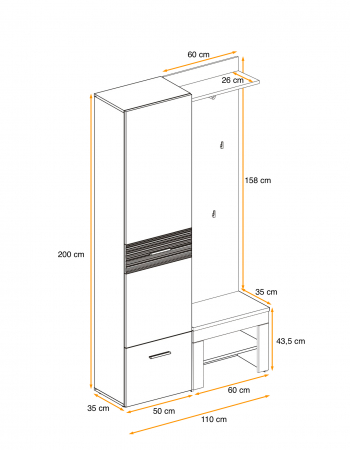 Hol/Cuier, dulap cu pantofar si perna , stejar Well-alb lucios , 110 cm lungime x 200 inaltime x 35 cm adancime, Bortis [2]