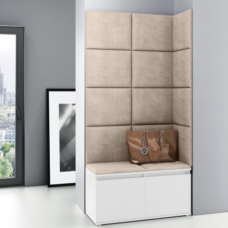 Set mobilier Hol modern cu panouri tapitate - Hol pantofar cu panouri tapitate pentru colt , stofa bej maro deschis, 100 cm lungime x 170 cm inaltime