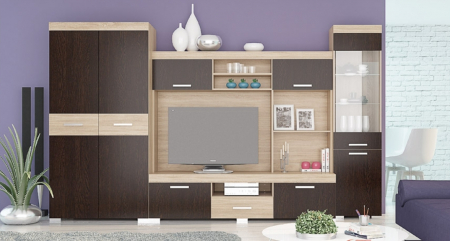 Living - Living camera de zi, pal stejar sonoma/ wenge, usi soft close, vitrina cu led, 270cm lungime x 193cm inaltimex 53 adancime, cu dulap haine