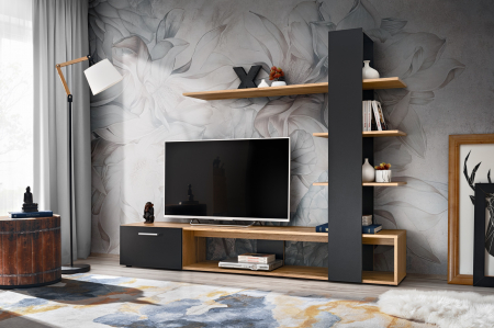 Set mobilier Living - Living, comoda tv cu raft, grafit/stejar artisan, 190 cm lungime, Bortis