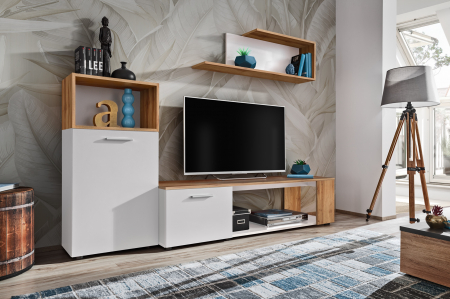 Set mobilier Living - Living, comoda tv +dulapior si raft, alb/stejar artisan, 200 cm lungime, modern, Bortis - Bortis Impex
