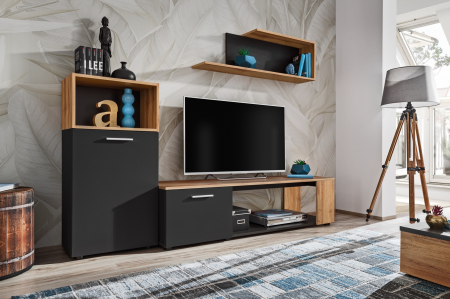 Set mobilier Living - Living, comoda tv +dulapior si raft, gri grafit/stejar artisan, 200 cm lungime, modern, Bortis