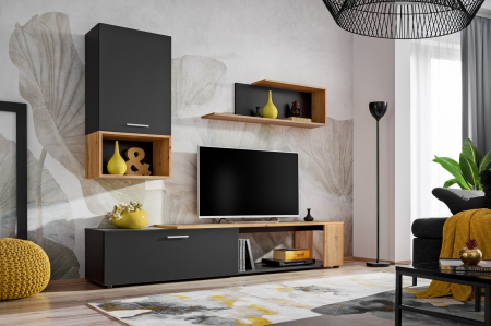 Set mobilier Living - Living, comoda tv +dulapior suspendat si raft, grafit/stejar artisan, 200 cm lungime, modern, Bortis - Bortis Impex - Bortis Impex
