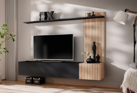 Reduceri mari -Promotii lunare - Living mobila /set living modern, suspendat, comoda tv cu raft, cu dungi imprimate model riflaj , negru/stejar artisan , 180 cm lungime, deschidere usi push open prin apasare,  prindere perete suspend