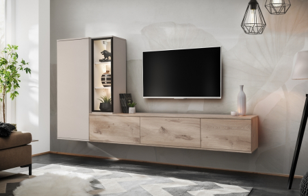 Set mobilier Living - Living mobila sufragerie moderna, casmir bej/ stejar viking, 240 cm lungime, vitrina sticla cu led, usi deschidere push open, suspendata, canturi abs
