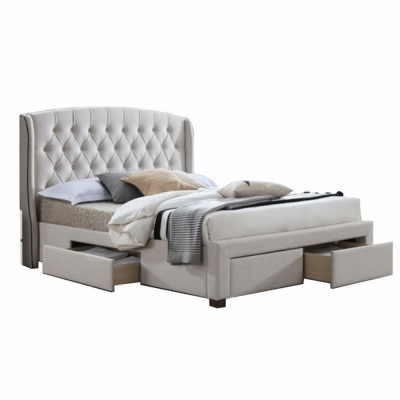 Paturi tapitate - Pat tapitat dormitor ,de lux,Crem, matlasat cu nasturi,4 sertare ,suport saltea inclus,