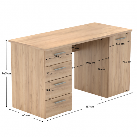 Masă birou cu 4 sertare si 1 usa , stejar artisan,137x60x76,3 cm [6]