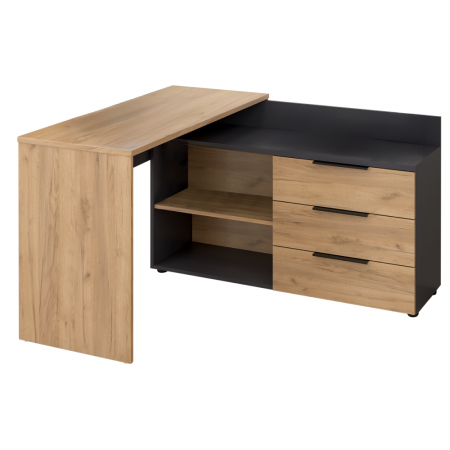 Birouri pe colt - Birou pe colţ cu 3 sertare si raft ,pal grafit/stejar artisan, 130 cm x 120 cm x 76 cm inaltime, canturi abs,