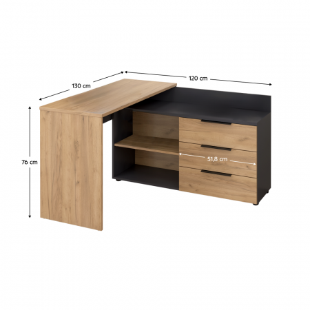 Birou pe colţ cu 3 sertare si raft ,pal grafit/stejar artisan, 130 cm x 120 cm x 76 cm inaltime, canturi abs, [5]