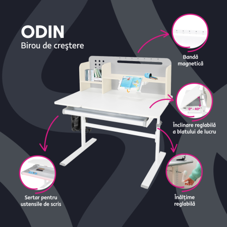 Masă de scris crescătoare, gri/alb, ODIN [1]