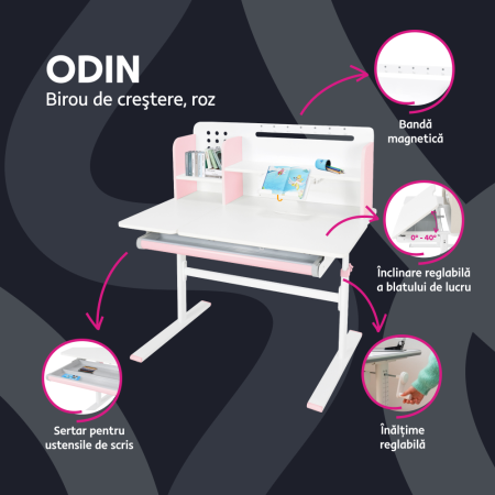 Masă de scris crescătoare, roz/alb, ODIN [1]