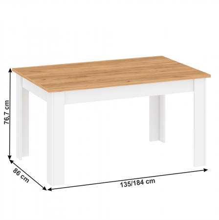 Masă dining, alb alba/ stejar craft auriu, 135-184x86 cm, LANZETTE S [1]