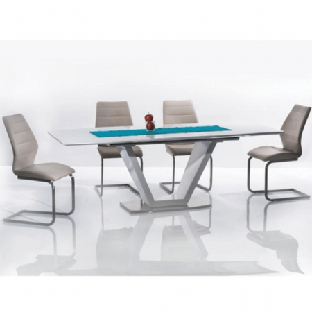 Masă dining, pliabilă, alb luciu extra ridicat / oţel, 160-220x90 cm, PERAK [2]