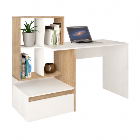 Toate Produsele - Birou modern cu sertar si rafturi, pal alb /stejar sonoma, 145 cm lungime x 55 cm adancime, canturi abs