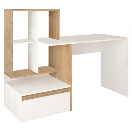 Birou modern cu sertar si rafturi, pal alb /stejar sonoma, 145 cm lungime x 55 cm adancime, canturi abs [2]