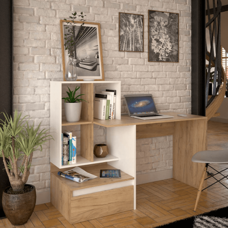 Birou/Masă PC, stejar artisan/alb,modern, cu sertar [4]