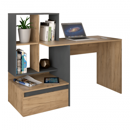 Mobilier & Scaune Birou - Birou modern cu rafturi , stejar artisan/grafit, 145 cm lungime, cu sertar
