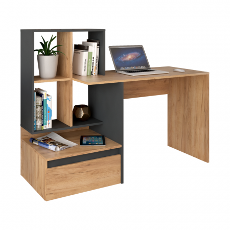 Toate Produsele - Birou modern cu sertar si rafturi, pal stejar artisan auriu/grafit , 145 cm lungime x 55 cm adancime, canturi abs