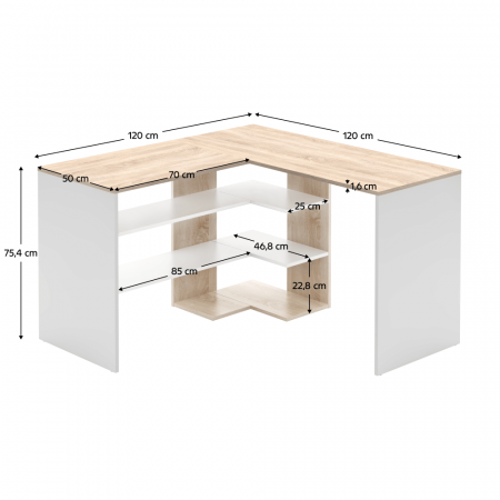 Birou pentru colt , pal alb/stejar sonoma , 120 x 120 cm, 50 cm adancime, cu rafturi [4]