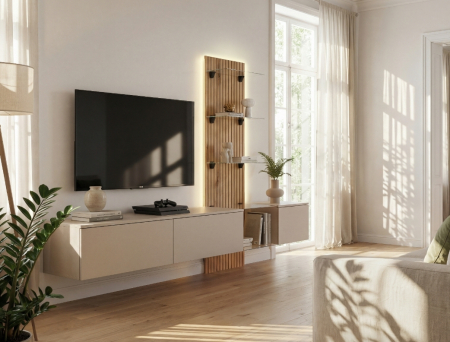 Mobila camera de zi -Living, push open, prindere perete suspendata, 220 cm lungime x 160cm inaltime x 40 cm adancime , riflaj perete, casmir gri/stejar riflat, cu rafturi sticla securizata, Bortis [0]