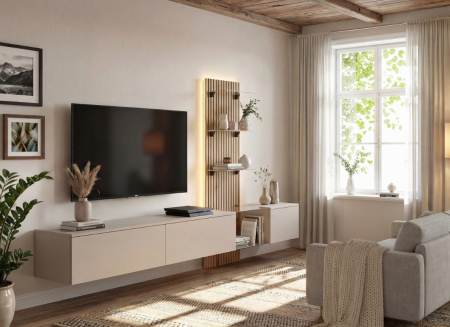 Mobila camera de zi -Living, push open, prindere perete suspendata, 220 cm lungime x 160cm inaltime x 40 cm adancime , riflaj perete, casmir gri/stejar riflat, cu rafturi sticla securizata, Bortis [1]