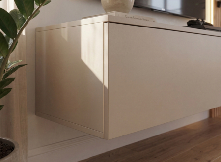 Mobila camera de zi -Living, push open, prindere perete suspendata, 220 cm lungime x 160cm inaltime x 40 cm adancime , riflaj perete, casmir gri/stejar riflat, cu rafturi sticla securizata, Bortis [7]