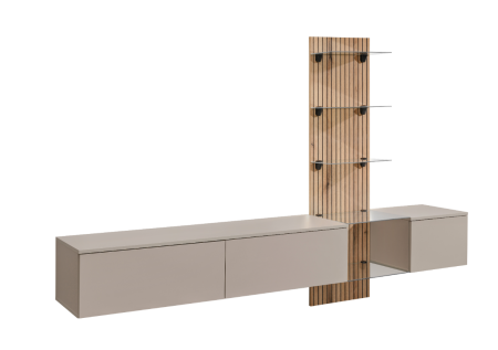 Mobila camera de zi -Living, push open, prindere perete suspendata, 220 cm lungime x 160cm inaltime x 40 cm adancime , riflaj perete, casmir gri/stejar riflat, cu rafturi sticla securizata, Bortis [3]