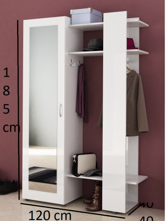 Mobila de hol-Cuier cu dulap, usa cu soft close-amortizare, suport umerase,cu oglinda si rafturi,120 cm lungime, pantofar deschis ,alb lucios, Bortis Impex [1]
