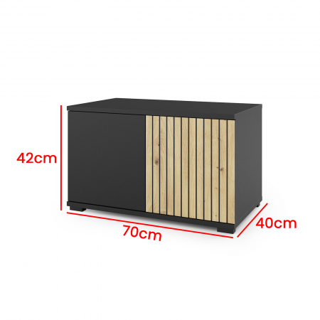 Mobila hol/ Cuier modern, cu model gen riflaj si panouri tapitate, usi cu push open, negru/stejar artisan/stofa crem bej, 140 x 225x 40 cm ,cu dulap haine , spatios [4]