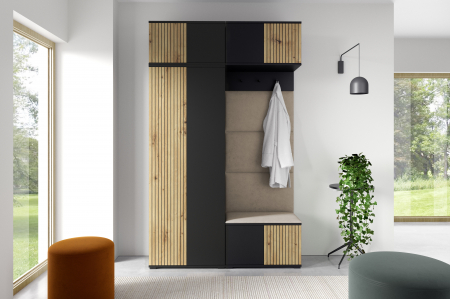 Set mobilier Hol modern cu panouri tapitate - Mobila hol/ Cuier modern, cu model gen riflaj si panouri tapitate, usi cu push open, negru/stejar artisan/stofa crem bej, 140 x 225x 40 cm ,cu dulap haine , spatios
