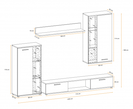 Mobila Living , 255 cm lungime, pal alb/ vitrina sticla neagra, cu raft si comoda tv, iluminare led alb, Bortis Impex [3]
