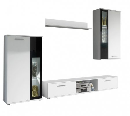 Set mobilier Living - Mobila Living , 255 cm lungime, pal alb/ vitrina sticla neagra, cu raft si comoda tv, iluminare led alb, Bortis Impex