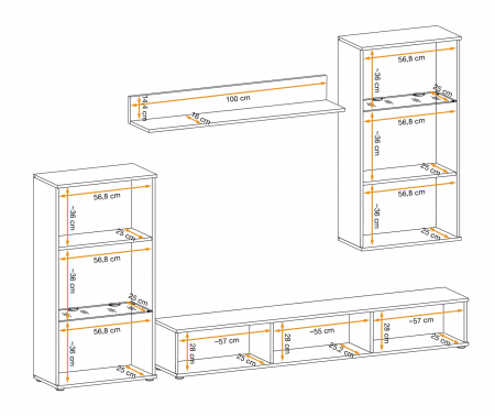 Mobila Living , 255 cm lungime, pal alb/ vitrina sticla neagra, cu raft si comoda tv, iluminare led alb, Bortis Impex [2]