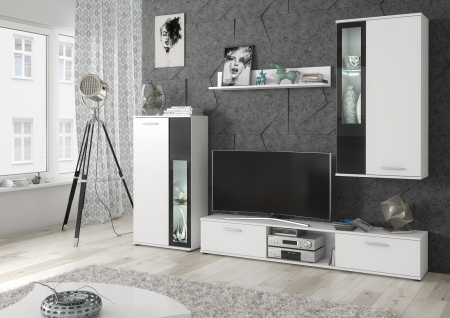 Mobila Living , 255 cm lungime, pal alb/ vitrina sticla neagra, cu raft si comoda tv, iluminare led alb, Bortis Impex [1]
