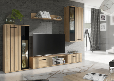 Set mobilier Living - Mobila living biblioteca, 255 cm , stejar sonoma/sticla neagra , usi cu model riflaj ,profilat in usi, vitrina, rafturi cu led, Bortis impex