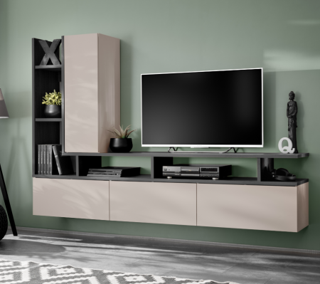Toate Produsele - Mobila Living modern, casmir bej inchis/ stejar grafit, 210 cm lungime x35 cm adancime, suspendata- prindere perete, usi deschidere prin apasare-push open, canturi abs
